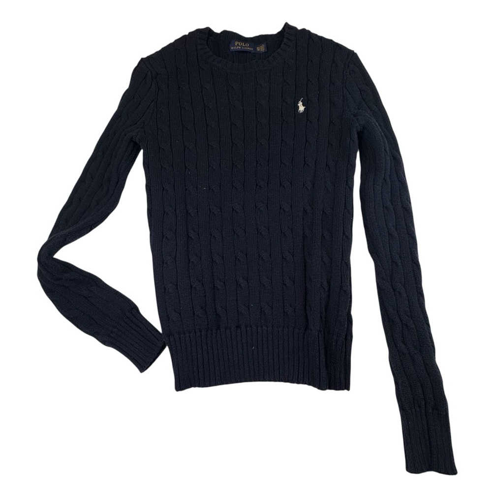 !!!! SOLD !!!! Sweater Women XS Navy Blue Logo Embroidered Cable Knit Preppy